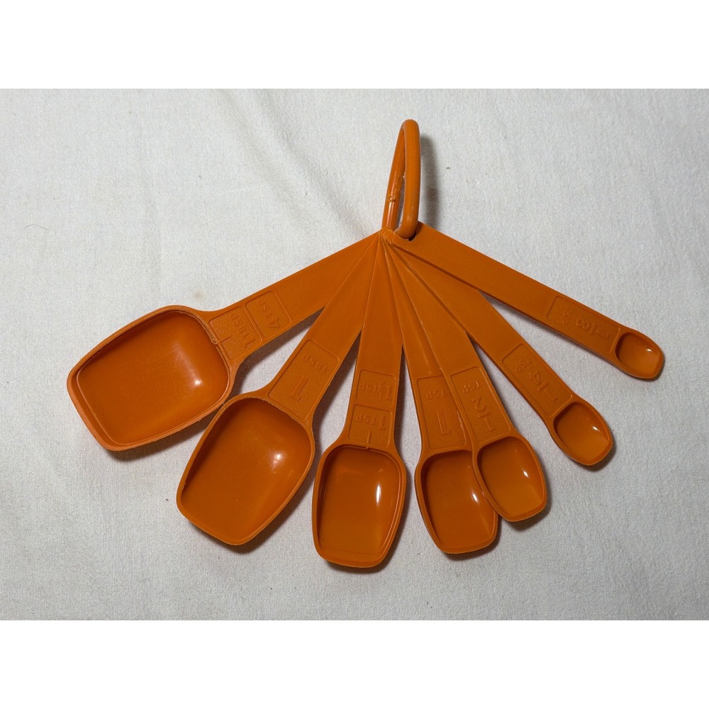 Vintage Tupperware Orange Measuring Spoons Set of 6 Retro Kitchen Utensils Ring